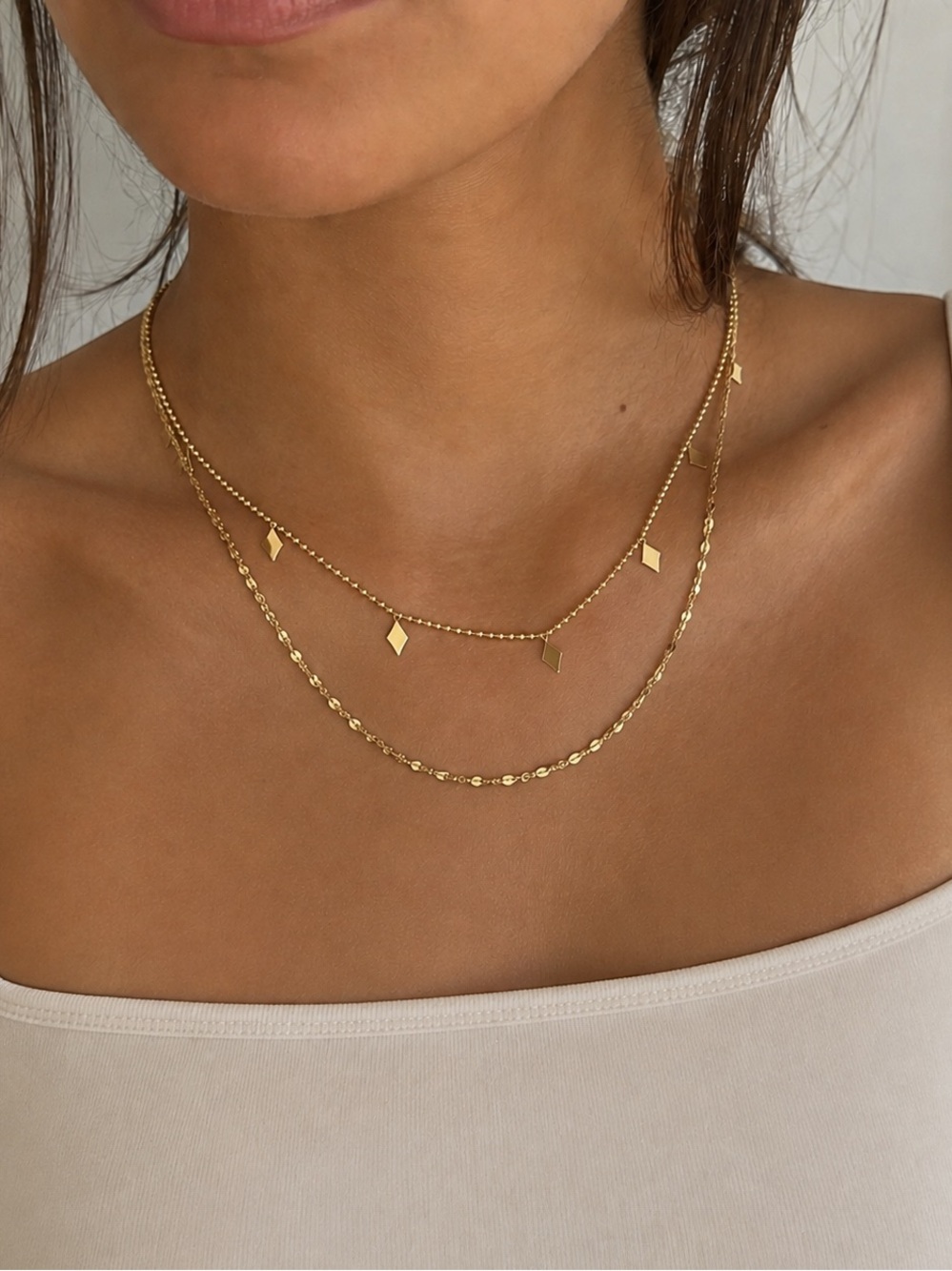 18K Gold Plated Double Layer Geometric Charms Dainty Chain Necklace